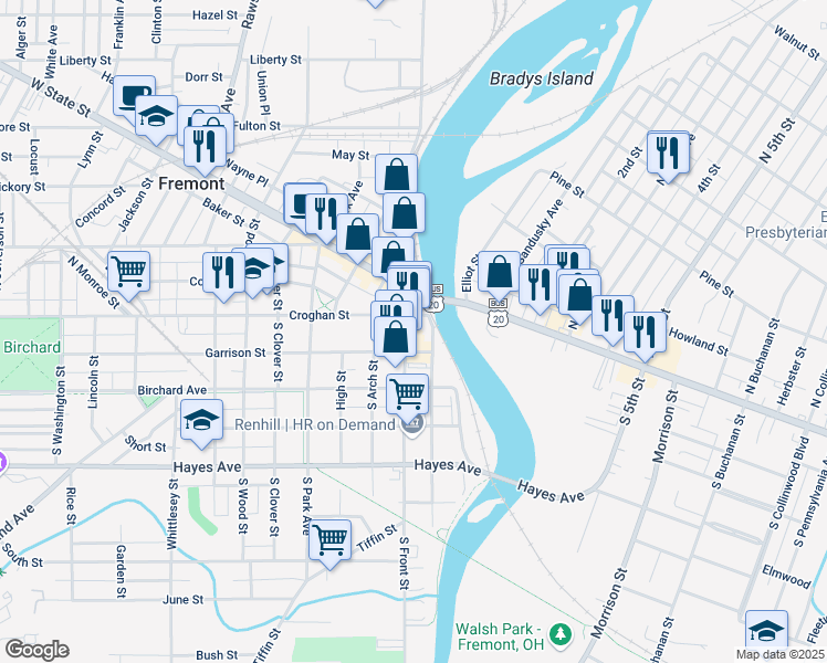 map of restaurants, bars, coffee shops, grocery stores, and more near 113 South Front Street in Fremont