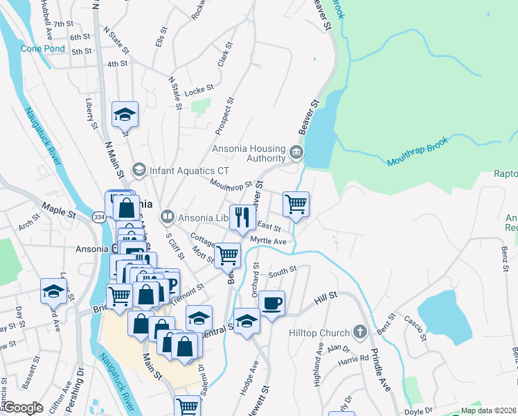 map of restaurants, bars, coffee shops, grocery stores, and more near 166 Beaver Street in Ansonia