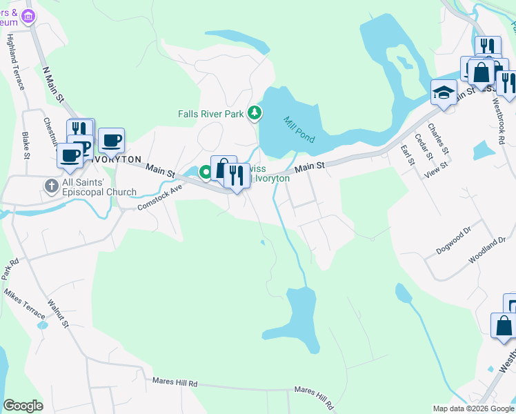 map of restaurants, bars, coffee shops, grocery stores, and more near 46 Main Street in Essex
