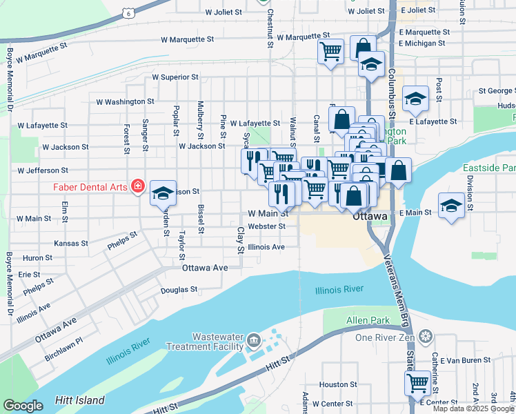 map of restaurants, bars, coffee shops, grocery stores, and more near 632 West Main Street in Ottawa