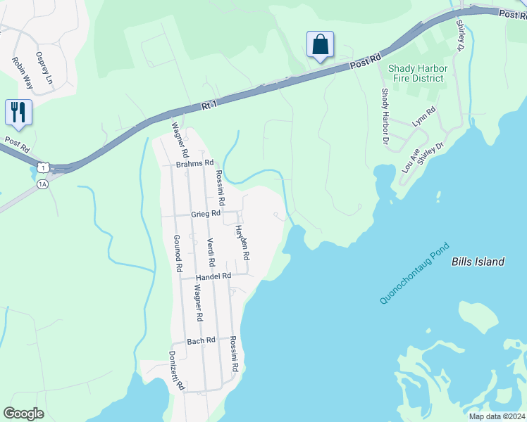 map of restaurants, bars, coffee shops, grocery stores, and more near 203 Warren Road in Westerly