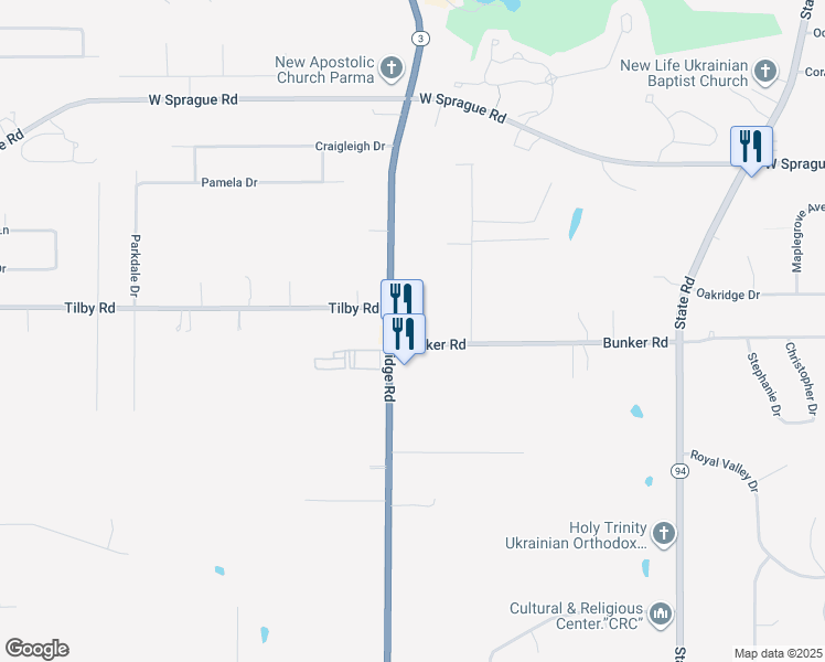 map of restaurants, bars, coffee shops, grocery stores, and more near 6824 Bunker Road in North Royalton