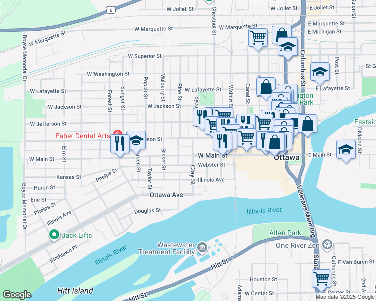 map of restaurants, bars, coffee shops, grocery stores, and more near 706 West Main Street in Ottawa