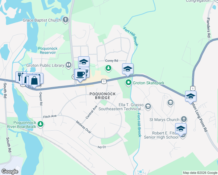 map of restaurants, bars, coffee shops, grocery stores, and more near 8 Central Avenue in Groton