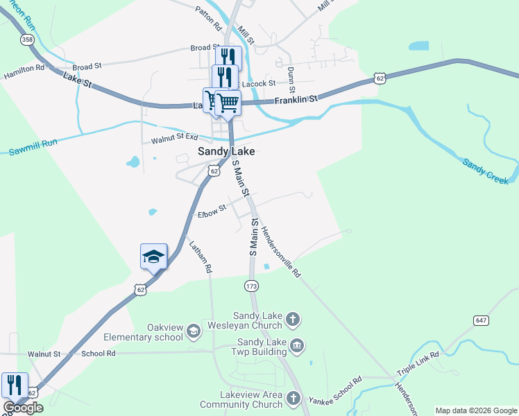map of restaurants, bars, coffee shops, grocery stores, and more near 1522 Hendersonville Road in Sandy Lake