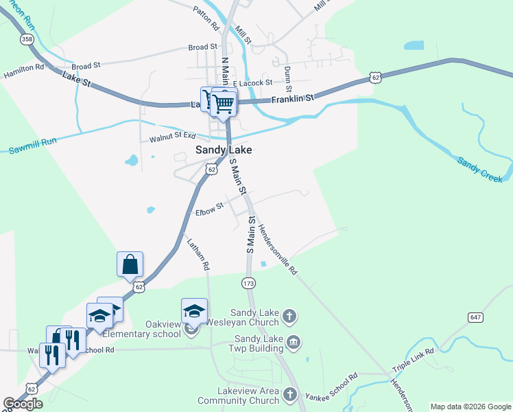 map of restaurants, bars, coffee shops, grocery stores, and more near 1522 Hendersonville Road in Sandy Lake