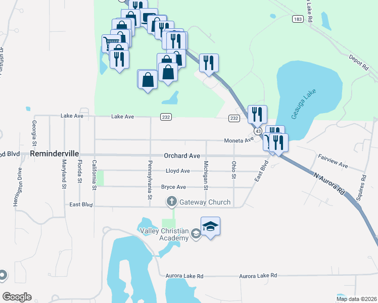 map of restaurants, bars, coffee shops, grocery stores, and more near 1054 Orchard Avenue in Aurora