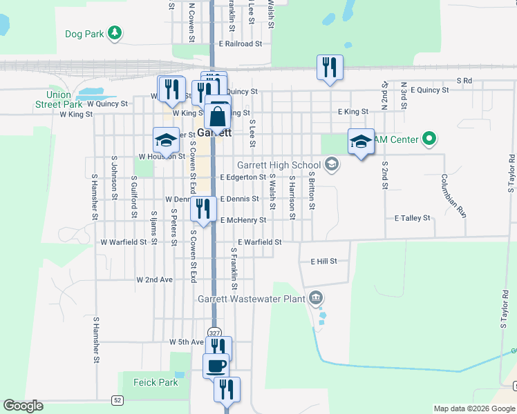 map of restaurants, bars, coffee shops, grocery stores, and more near 301-399 E Dennis St in Garrett