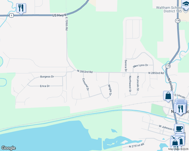 map of restaurants, bars, coffee shops, grocery stores, and more near 720 North 2853rd Road in North Utica
