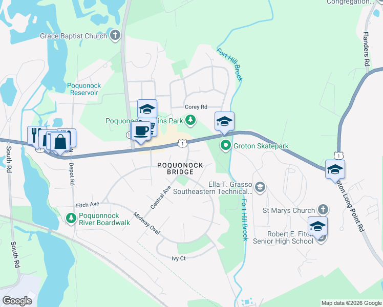 map of restaurants, bars, coffee shops, grocery stores, and more near 8 Central Avenue in Groton