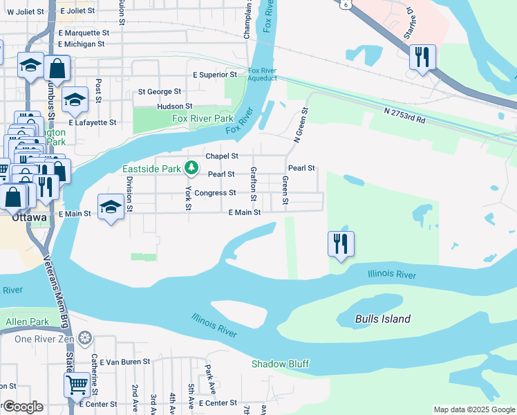 map of restaurants, bars, coffee shops, grocery stores, and more near 802 East Main Street in Ottawa