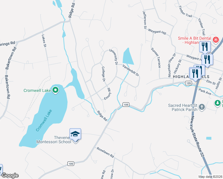 map of restaurants, bars, coffee shops, grocery stores, and more near 3 Emory Road in Woodbury