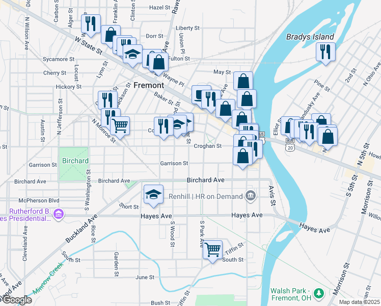 map of restaurants, bars, coffee shops, grocery stores, and more near 113 South Clover Street in Fremont