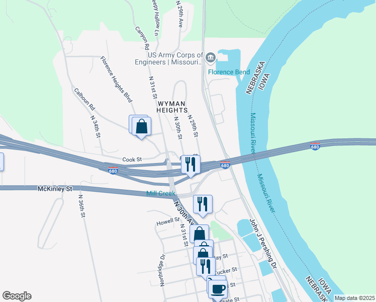 map of restaurants, bars, coffee shops, grocery stores, and more near 9407 North 30th Street in Omaha