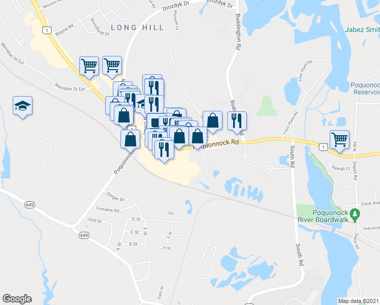 map of restaurants, bars, coffee shops, grocery stores, and more near 1023 Poquonnock Road in Groton
