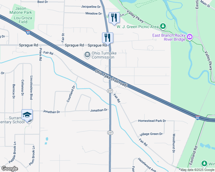 map of restaurants, bars, coffee shops, grocery stores, and more near 8670 Ohio 237 in Strongsville