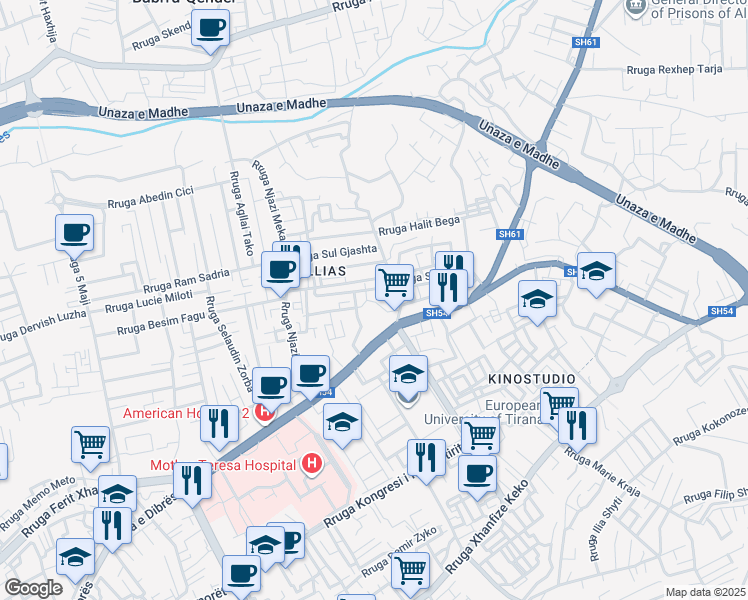 map of restaurants, bars, coffee shops, grocery stores, and more near Rruga Ilia Xhokaxhi in Tirana