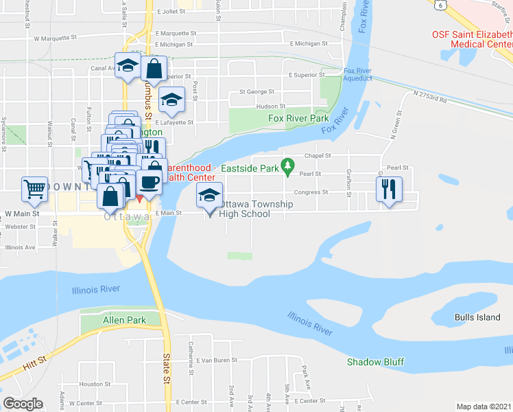 map of restaurants, bars, coffee shops, grocery stores, and more near 500 East Main Street in Ottawa
