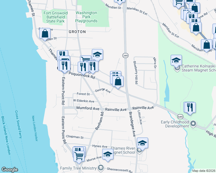 map of restaurants, bars, coffee shops, grocery stores, and more near 191 Poquonnock Road in Groton