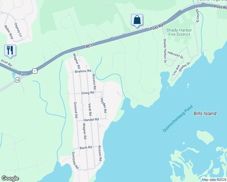 map of restaurants, bars, coffee shops, grocery stores, and more near 28 Hayden Road in Westerly