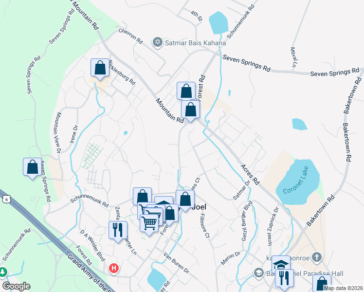 map of restaurants, bars, coffee shops, grocery stores, and more near 86 Forest Road in Kiryas Joel