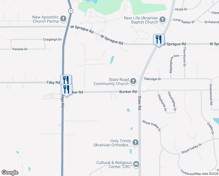 map of restaurants, bars, coffee shops, grocery stores, and more near 6030 Bunker Road in North Royalton