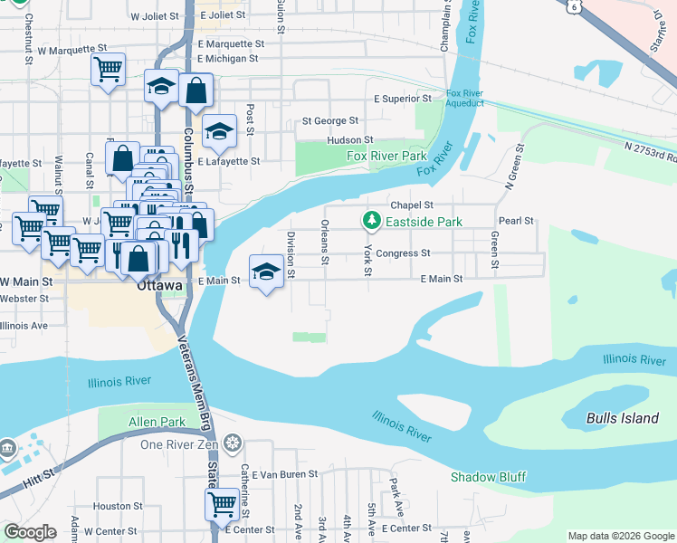 map of restaurants, bars, coffee shops, grocery stores, and more near 500 East Main Street in Ottawa