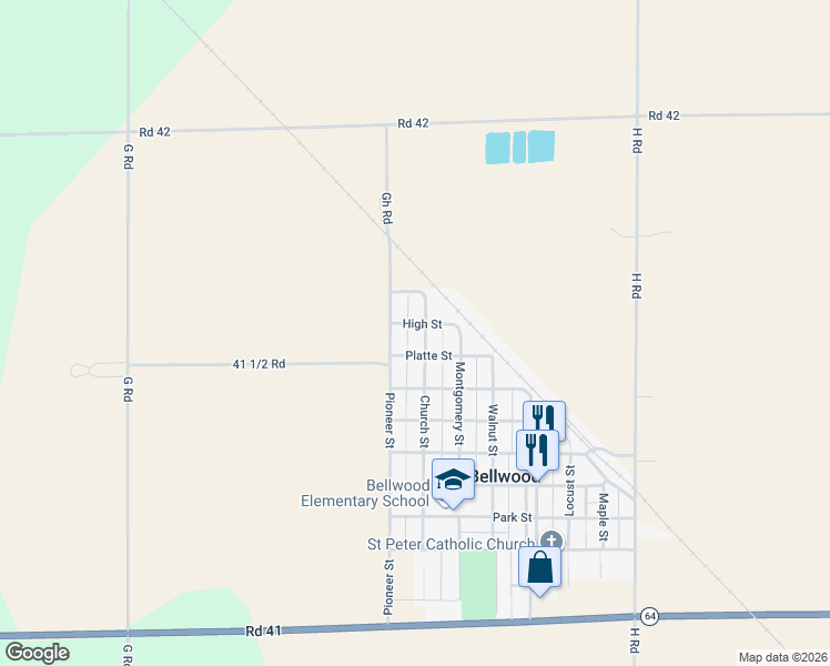 map of restaurants, bars, coffee shops, grocery stores, and more near Pioneer St in Bellwood
