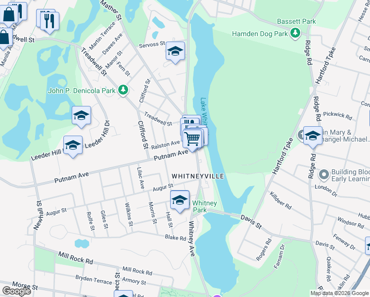 map of restaurants, bars, coffee shops, grocery stores, and more near 39 Putnam Avenue in Hamden