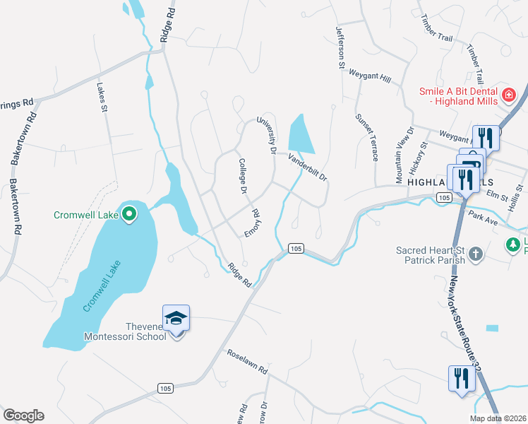 map of restaurants, bars, coffee shops, grocery stores, and more near 3 Emory Road in Woodbury
