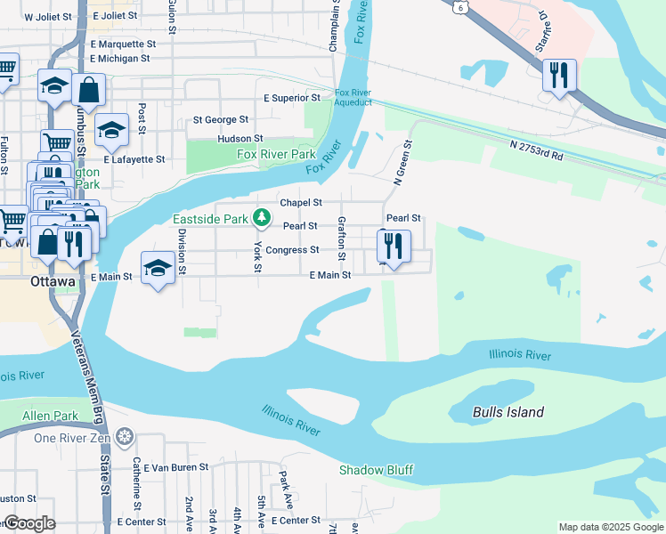 map of restaurants, bars, coffee shops, grocery stores, and more near 802 East Main Street in Ottawa