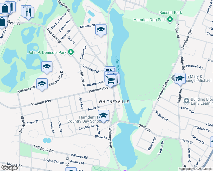 map of restaurants, bars, coffee shops, grocery stores, and more near 39 Putnam Avenue in Hamden