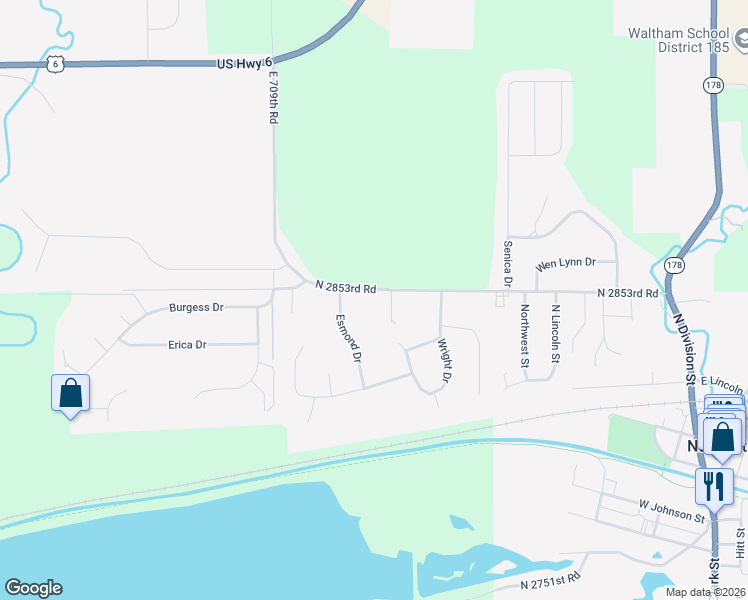 map of restaurants, bars, coffee shops, grocery stores, and more near 720 North 2853rd Road in North Utica