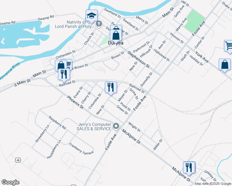 map of restaurants, bars, coffee shops, grocery stores, and more near 446 New St in Duryea