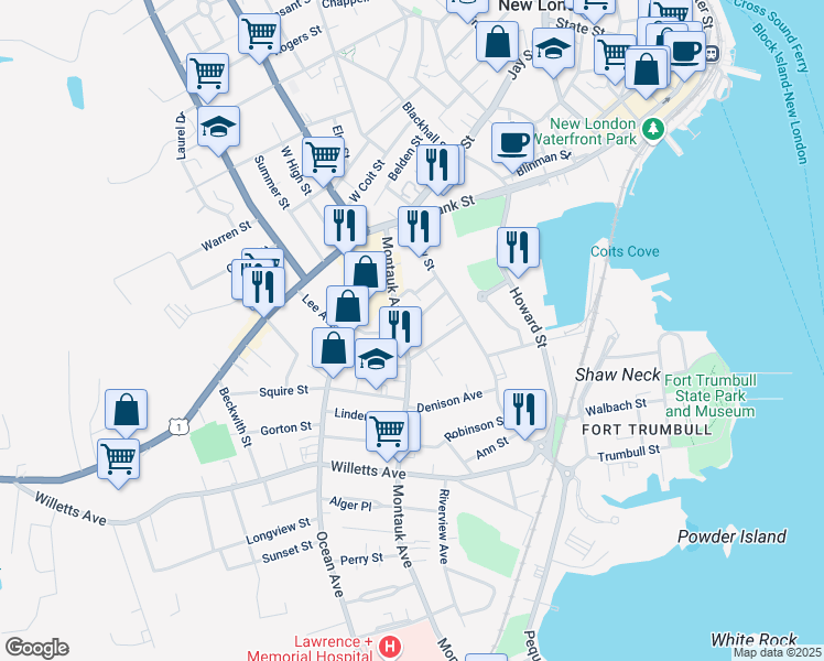 map of restaurants, bars, coffee shops, grocery stores, and more near 96 Montauk Avenue in New London