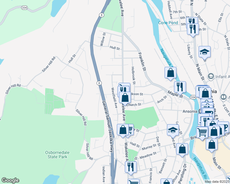 map of restaurants, bars, coffee shops, grocery stores, and more near 142 Jackson Street in Ansonia