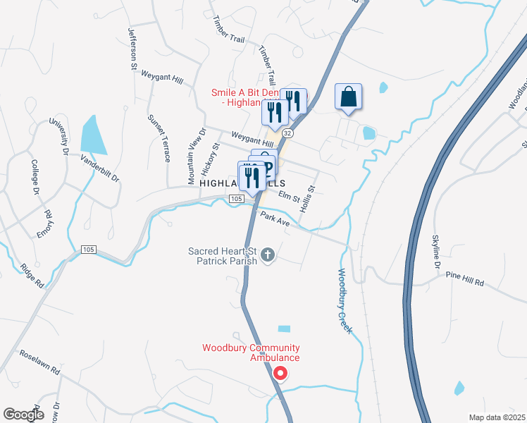 map of restaurants, bars, coffee shops, grocery stores, and more near 9 Park Avenue in Woodbury
