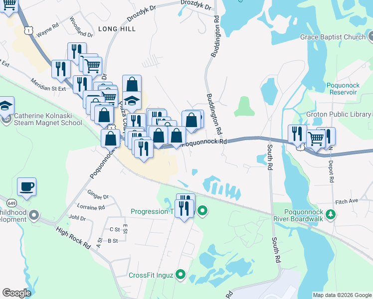 map of restaurants, bars, coffee shops, grocery stores, and more near 1043 Poquonnock Road in Groton