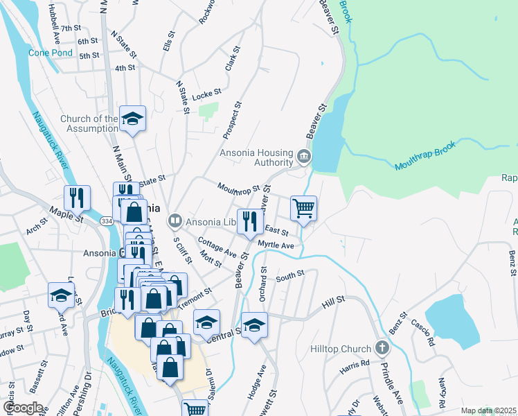 map of restaurants, bars, coffee shops, grocery stores, and more near 166 Beaver Street in Ansonia
