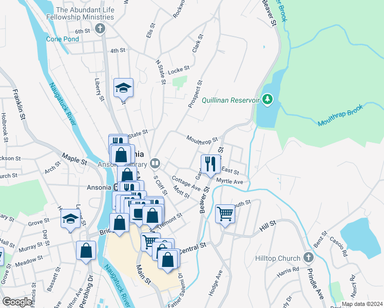 map of restaurants, bars, coffee shops, grocery stores, and more near 9 Clover Street in Ansonia