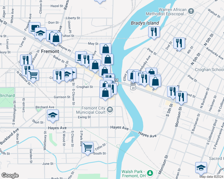 map of restaurants, bars, coffee shops, grocery stores, and more near 113 South Front Street in Fremont