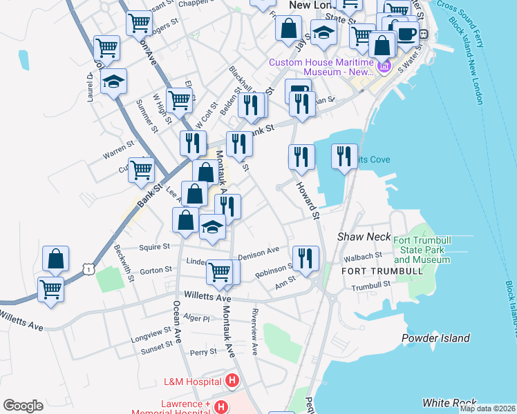 map of restaurants, bars, coffee shops, grocery stores, and more near 22 Moore Avenue in New London