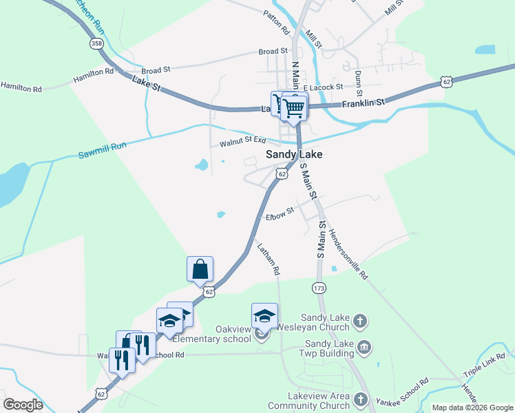 map of restaurants, bars, coffee shops, grocery stores, and more near 2583 Mercer Street in Sandy Lake
