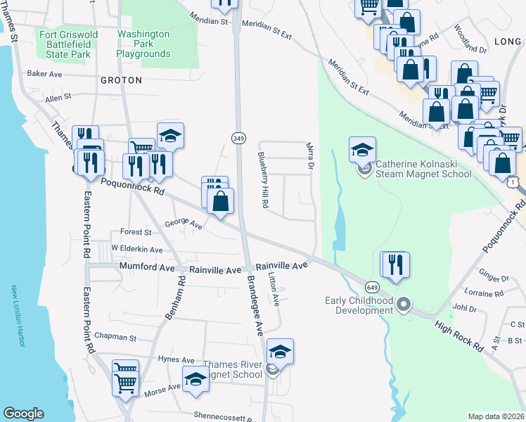 map of restaurants, bars, coffee shops, grocery stores, and more near 17 Blueberry Hill Road in Groton