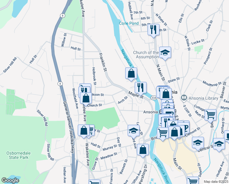 map of restaurants, bars, coffee shops, grocery stores, and more near 21 Jackson Street in Ansonia