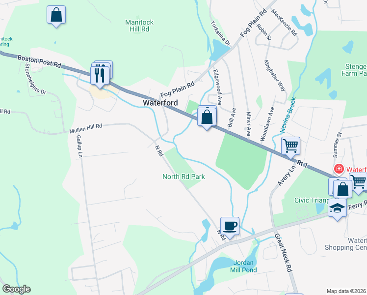 map of restaurants, bars, coffee shops, grocery stores, and more near 270 Boston Post Road in Waterford