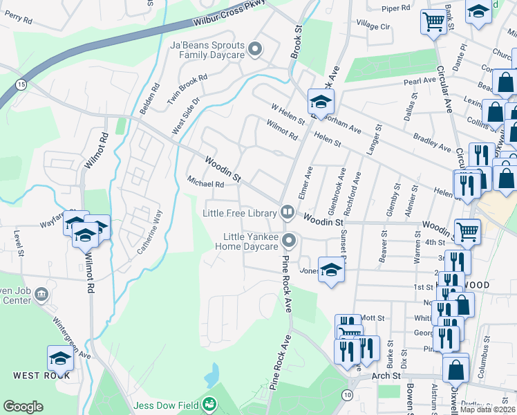 map of restaurants, bars, coffee shops, grocery stores, and more near 58 Westview Street in Hamden
