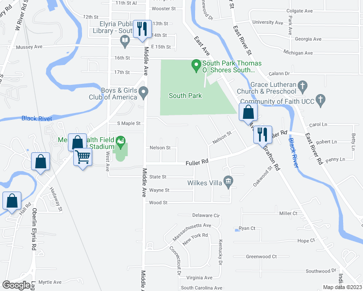 map of restaurants, bars, coffee shops, grocery stores, and more near 2034 Scott Court in Elyria