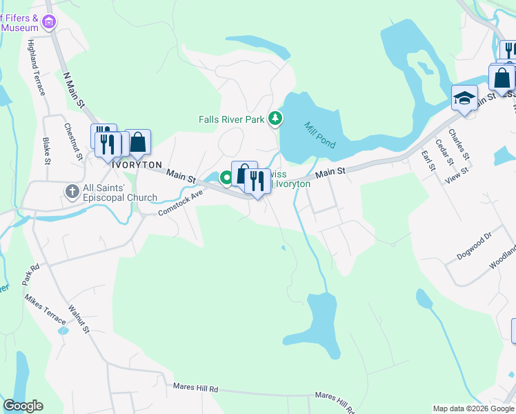 map of restaurants, bars, coffee shops, grocery stores, and more near 46 Main Street in Essex
