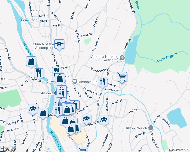 map of restaurants, bars, coffee shops, grocery stores, and more near 9 Clover Street in Ansonia